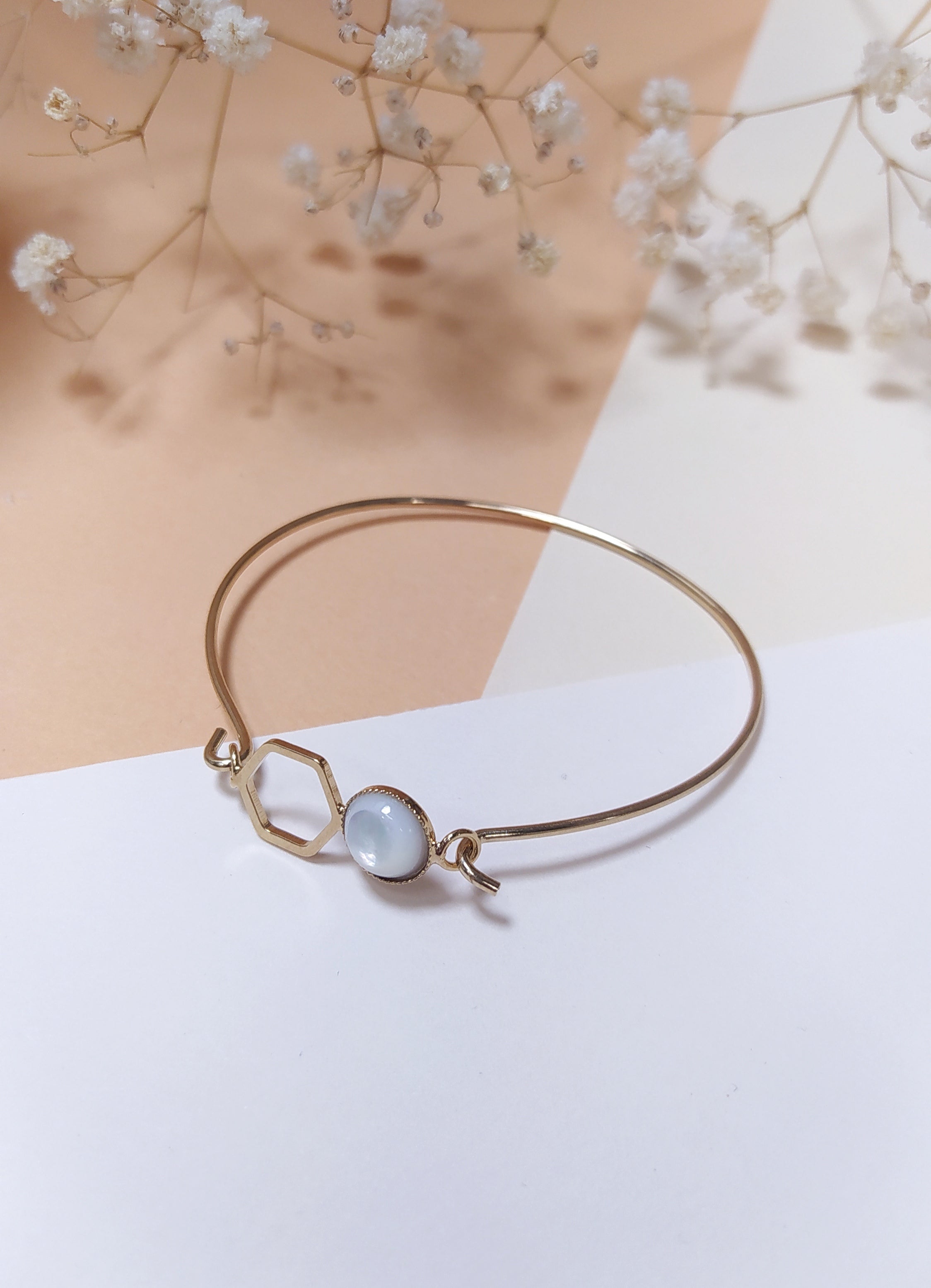 Bracelet Jonc Ouvert En Laiton Argenté Avec Agate Bleue - Pierres Cabochons - Occasion - Style Vintage