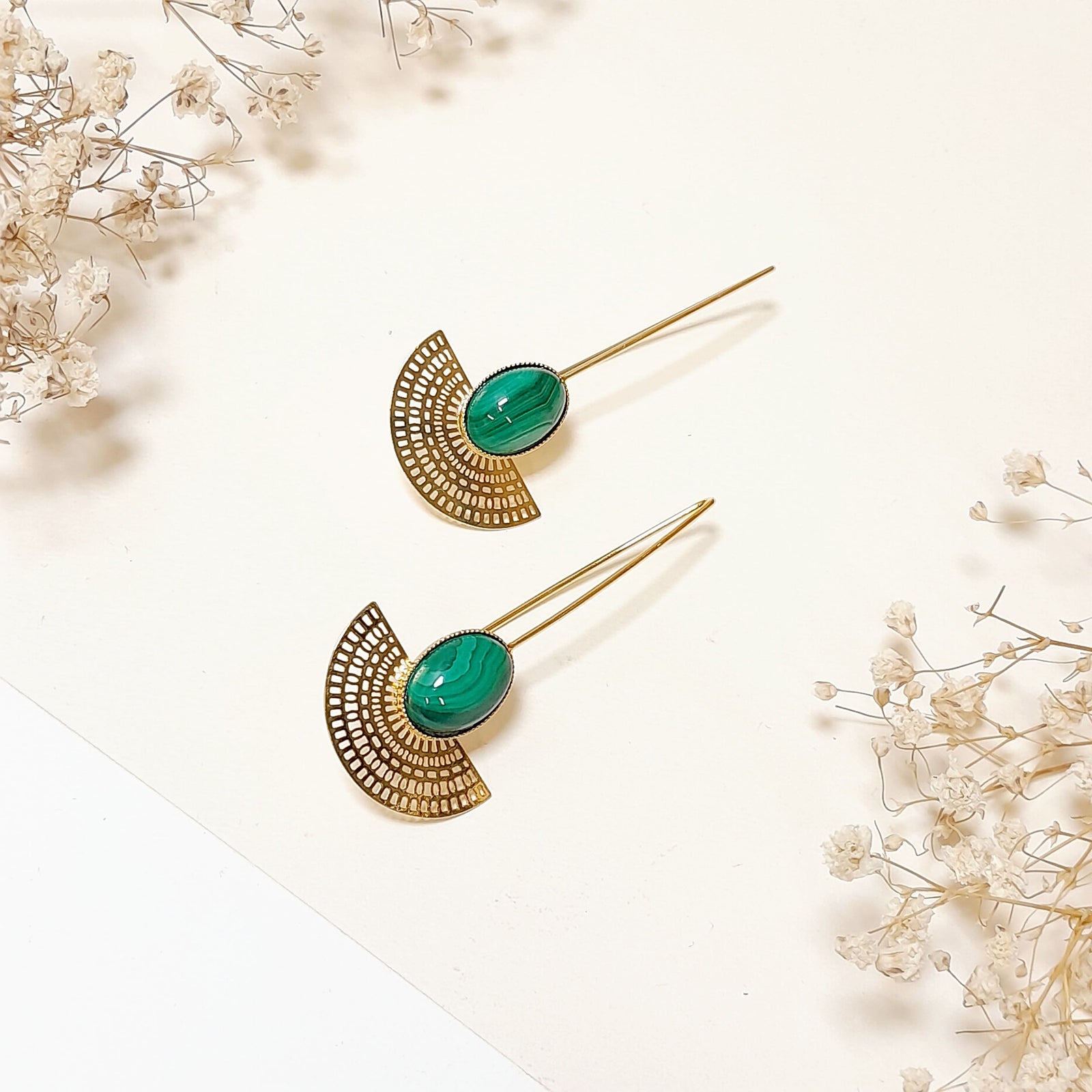 Boucles D'oreilles Vintage à Clip - Malachite Verte - Style Années 70 - Occasion