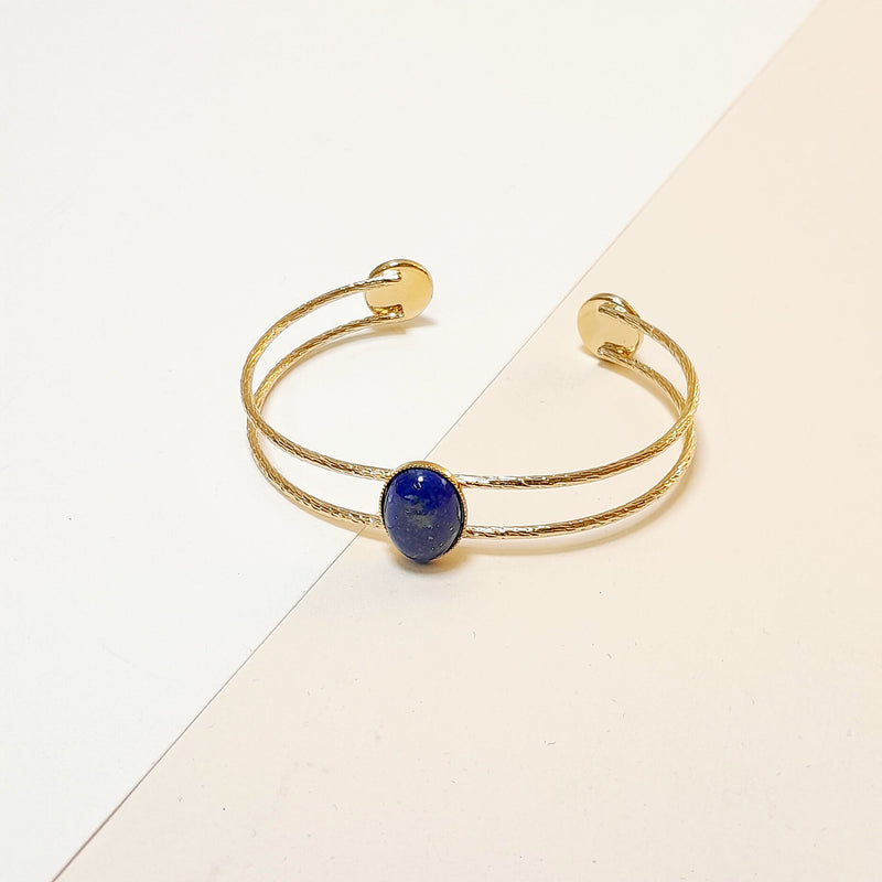 Bracelet Jonc Ouvert En Laiton Argenté Avec Agate Bleue - Style Vintage Martelé